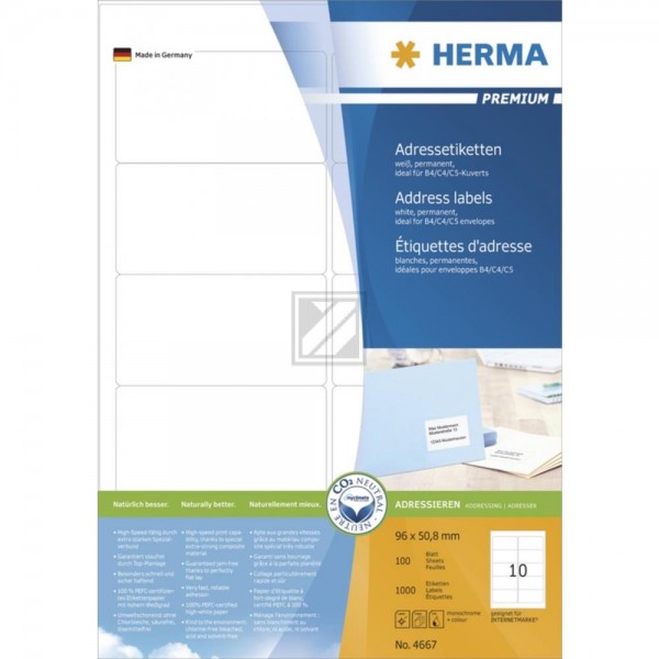 Herma Adressetiketten A4 weiß 96 x 50,8 mm Papier matt Inh.1000 Premium