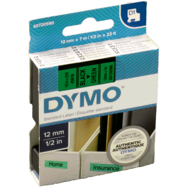 Originalband DYMO 45019 schwarz auf grün 12mm x 7m