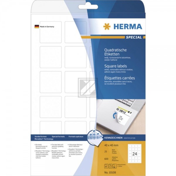 Herma Etiketten A4 weiß 40 x 40 mm ablösbar Papier Inh.600 quadratisch