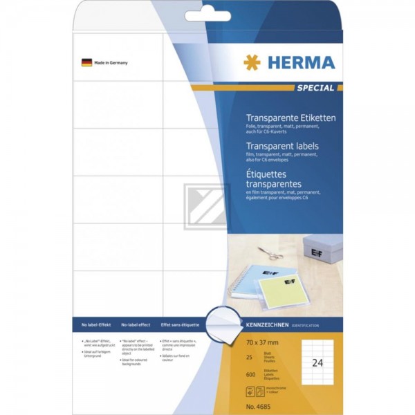Herma Folien-Etiketten A4 70,0 x 37,0 mm transparent Inh.600