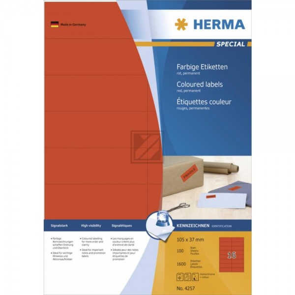 Herma Etiketten A4 rot 105 x 37 mm Papier matt Inh.1600 100 Blatt