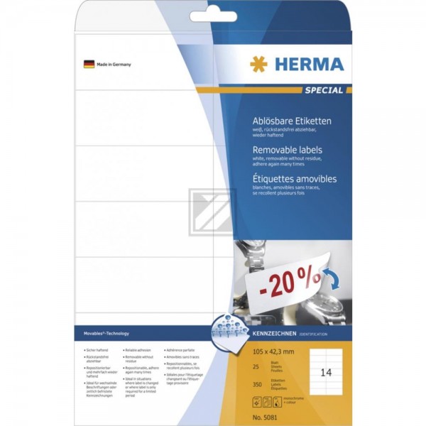 Herma Etiketten A4 weiß 105 x 42,3 mm ablösbar Papier Inh.350