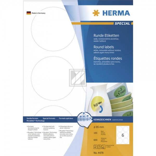 Herma Etiketten A4 weiß rund ø 85 mm ablösbar Papier Inh.600