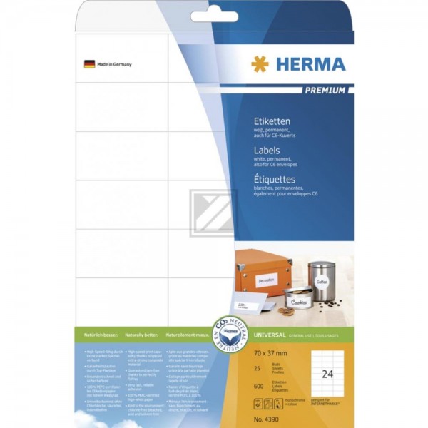 Herma Adressetiketten A4 weiß 70 x 37 mm Inh.600k./25 Blatt Premium-Etikett