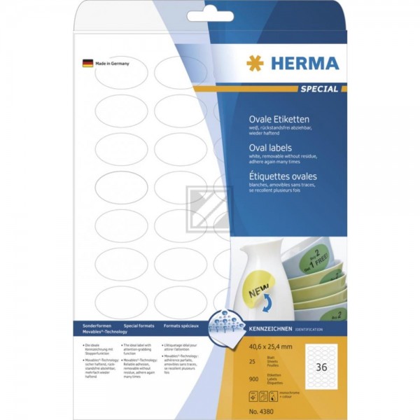 Herma Etiketten A4 weiß oval 40,6 x 25,4 mm Papier ablösbar Inh.900