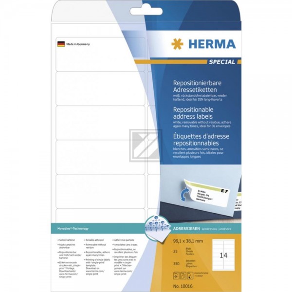 Herma Adressetiketten A4 weiß 99,1 x 38,1 mm ablösbar Papier Inh.350