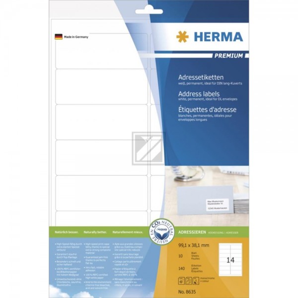 Herma Adressetiketten A4 weiß 99,1 x 38,1 mm Papier matt Inh.140 Premium Etiketten