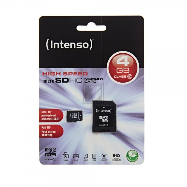 INTENSO MICRO SD SPEICHERKARTE 4GB 3413450 Klasse 10 mit SD Adapter