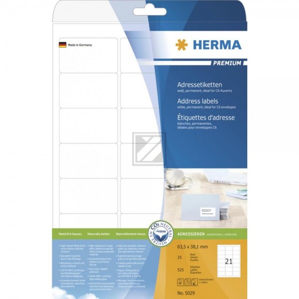 Herma Adressetiketten A4 weiß 63,5 x 38,1 mm Papier matt Inh.525 Premium Etiketten