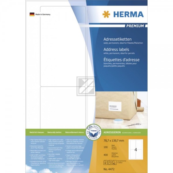 Herma Adressetiketten A4 weiß 78,7 x 139,7 mm Papier matt Inh.400 Premium Etiketten