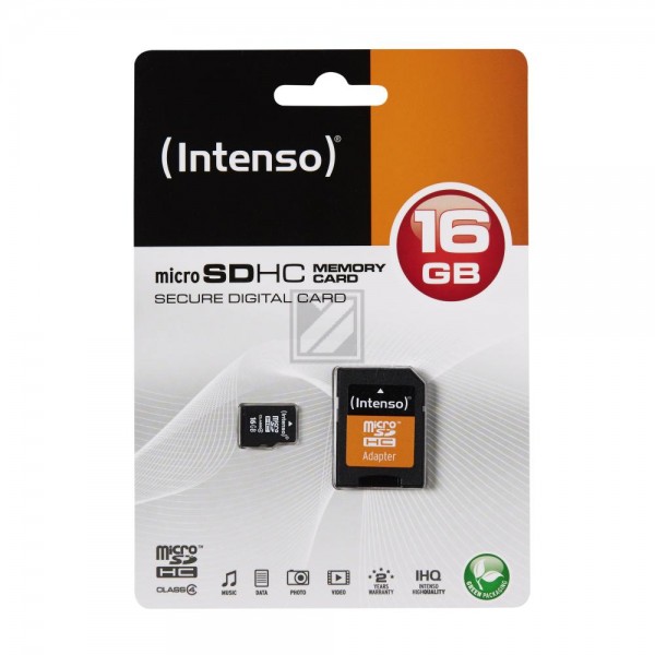 INTENSO MICRO SD SPEICHERKARTE 16GB 3403470 Klasse 4 mit SD Adapter