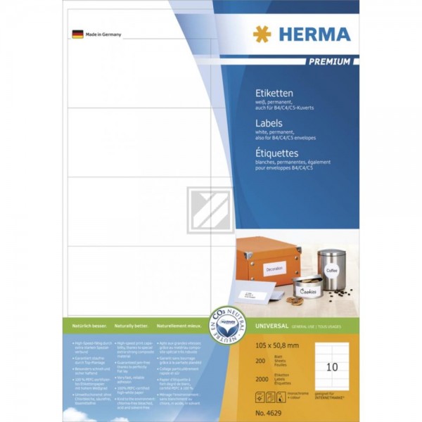 Herma Etiketten A4 weiß 105 x 50,8 mm Papier matt Inh.2000 Premium