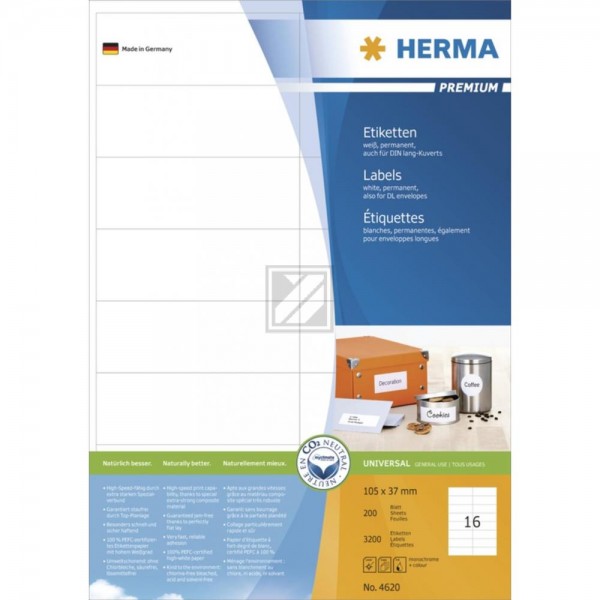 Herma Etiketten A4 weiß 105 x 37 mm Papier matt Inh.3200 Premium