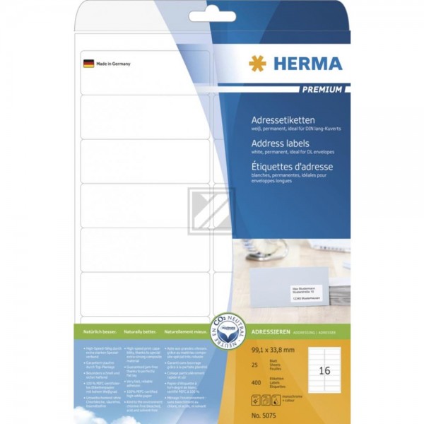 Herma Adressetiketten A4 weiß 99,1 x 33,8 mm Papier matt Inh.400 Premium Etiketten