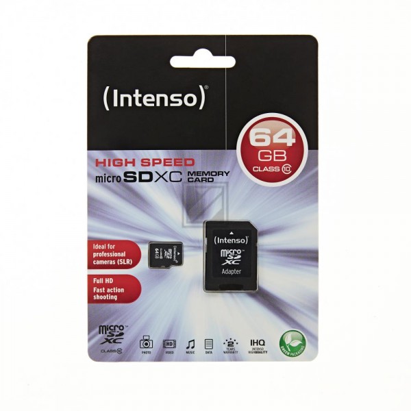 INTENSO MICRO SDXC SPEICHERKARTE 64GB 3413490 Klasse 10 mit SD Adapter