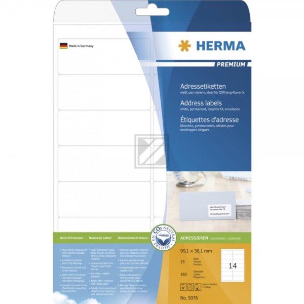 Herma Adressetiketten A4 weiß 99,1 x 38,1 mm Papier matt Inh.350 Premium Etiketten
